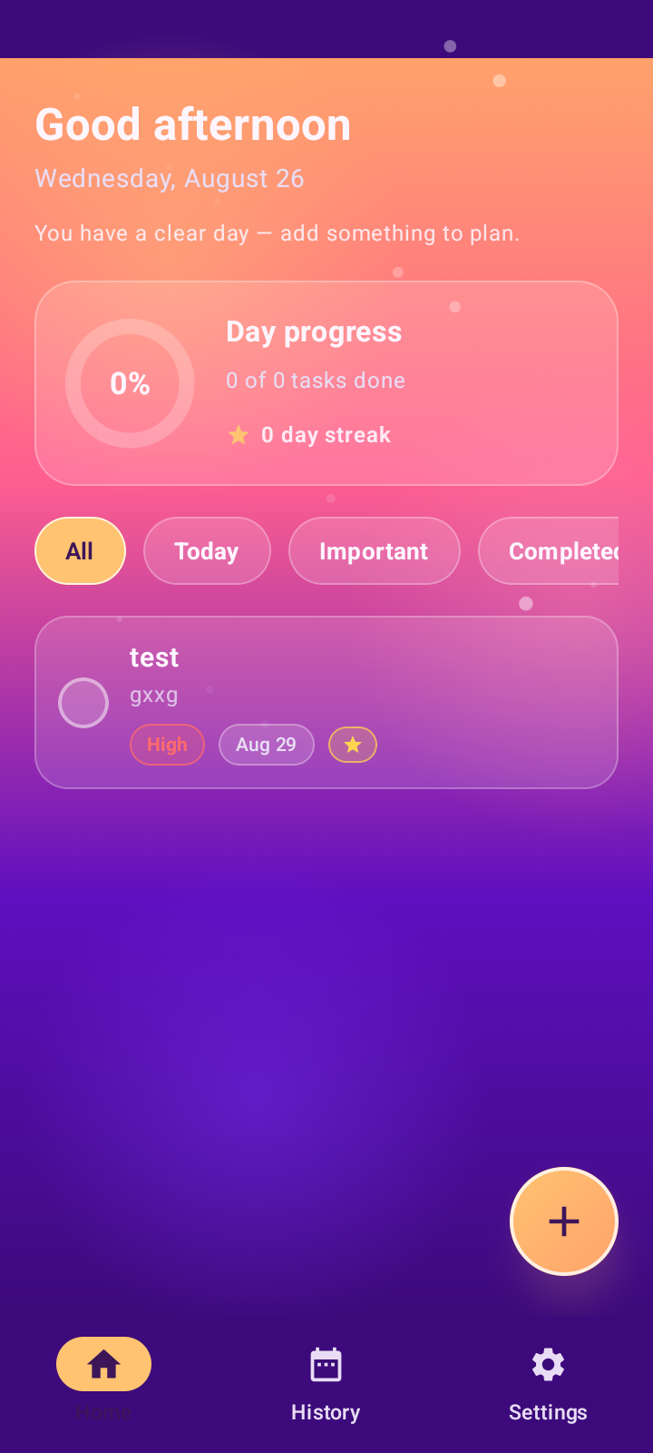 Bright Day Planner history screen